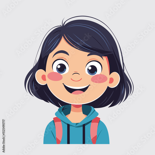 Cartoon girl smiling in hoodie on gray background