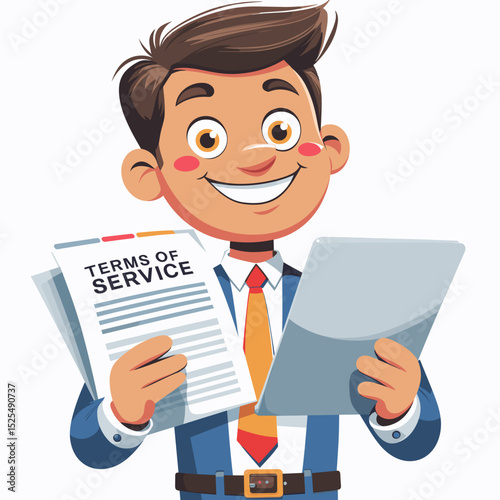 Cartoon businessman smiling holding documents