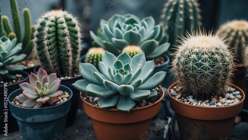 Different types of succulents and cacti in pots, showcasing diverse plant species. Desert plants and succulents in a garden or nursery. The collection of succulent plants in pots. photo