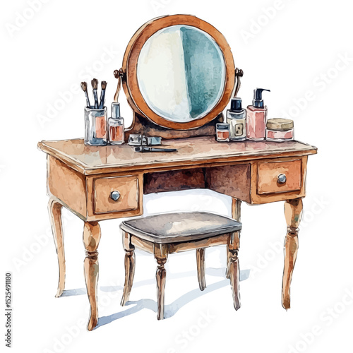 Vanity Table, watercolor vector, high quality, isolated on a white background.