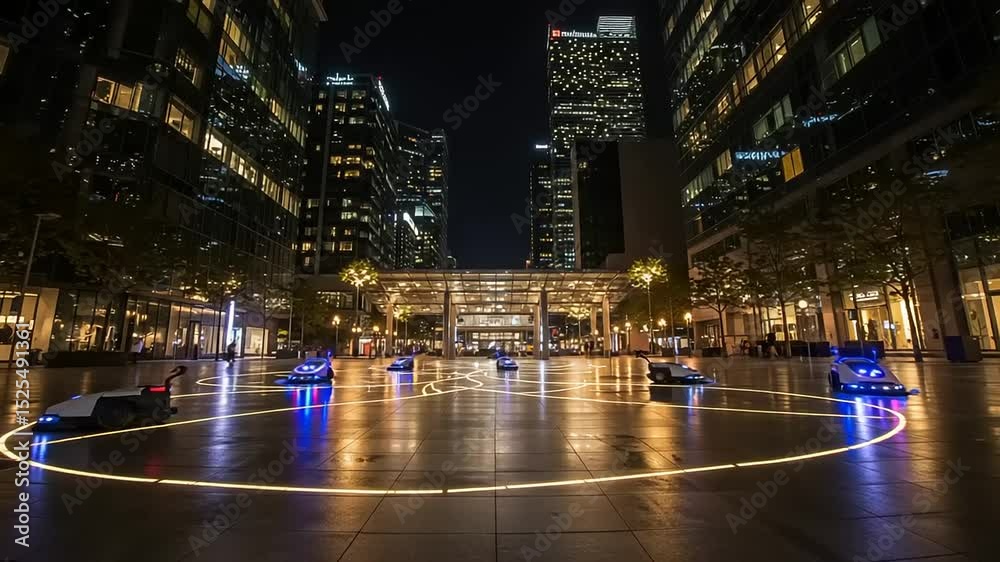 Autonomous Cleaning Robots Operating at Night in Canary Wharf London, UK futuristic scene