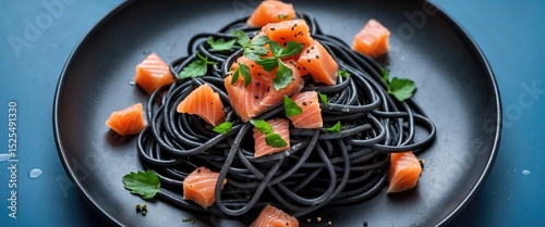 Plate of black pasta with salmon chunks and green herbs, served on a dark plate with a dark background. A gourmet seafood and pasta dish presentation. photo