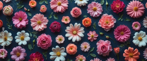 A variety of colorful flowers, including roses, daisies, and cosmos, arranged on a dark background.