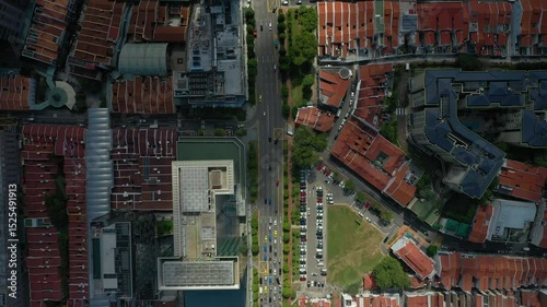sunny day singapore city center traffic street aerial topdown panorama 4k 