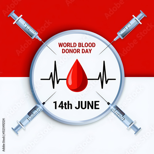 World blood donor day a vibrant red blood drop pulses with life, surrounded by four syringes, isolated on white background