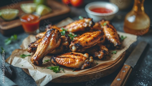 Grilled chicken wings served on a wooden platter with dipping sauces and garnishes. photo