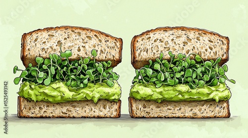 Two halves of a sandwich with avocado spread and sprouts.  Drawn illustration style