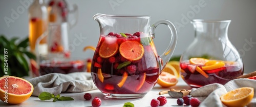 A pitcher and a jar with fruit-infused beverages, surrounded by fresh fruit slices and berries, on a white surface with a blurred background. photo