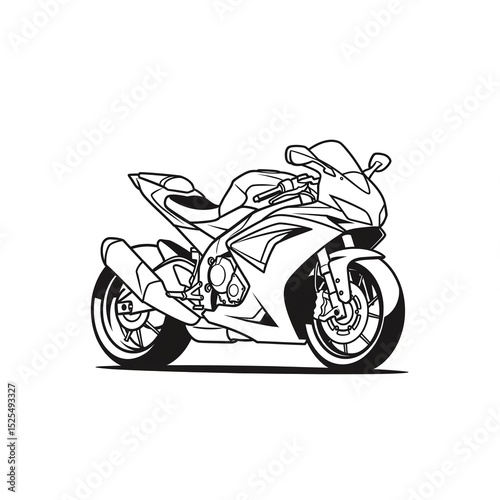 Black and white motorcycle illustration, sporty vehicle icon, transportation and speed symbol