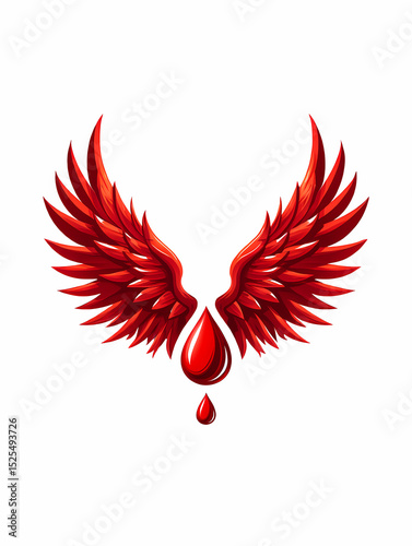 Crimson wings spread wide, a single tear of blood falling isolated on white background