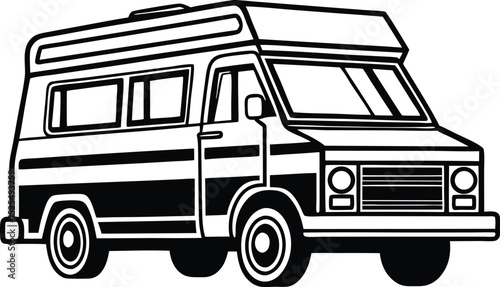 Camper van silhouette, vehicle icon black, motorhome vector isolated
