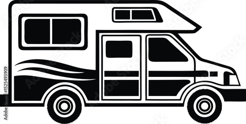 Camper van silhouette, vehicle icon black, motorhome vector isolated