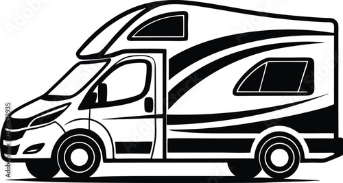 Camper van silhouette, vehicle icon black, motorhome vector isolated