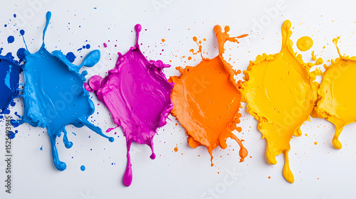 Vibrant splashes of blue, purple, pink, orange, and yellow paint on a white background.