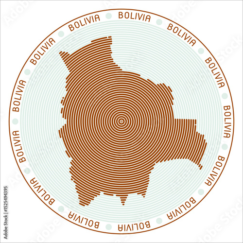 Bolivia round logo design. Country shape build of rings. Bolivia text around the country. Vector Illustration.