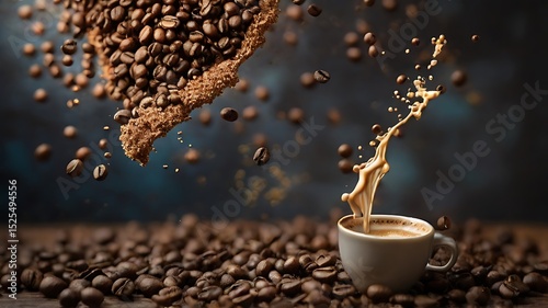 Creative aerial shot of levitating coffee beans in a magical defying gravity scene