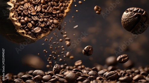 Aerial view of floating coffee beans defying gravity in a surreal artistic composition with warm tones