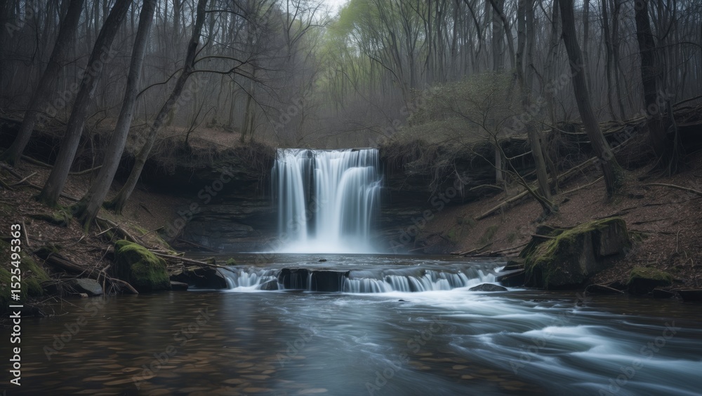 Fototapeta premium Waterfall in a forest stream with trees and calm water. Nature and landscape scene. Tranquil outdoor environment, serene atmosphere.