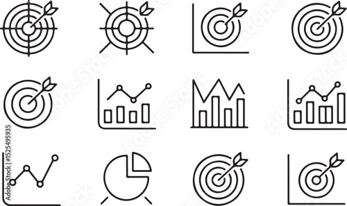 Target, Graph, and KPI Outline Icon Set – Business Analytics and Performance Metrics Line Icons