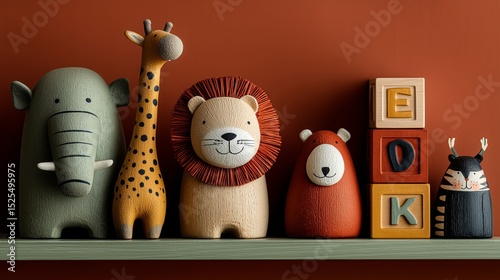 Colorful wooden animal toys with building blocks on shelf