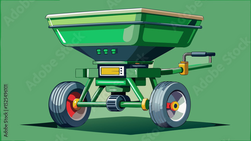 Compact handheld seed spreader with rotating mechanism and green casing. Close-up shot showing the fill spout and controls. Ideal for modern precision farming-themed vectors.