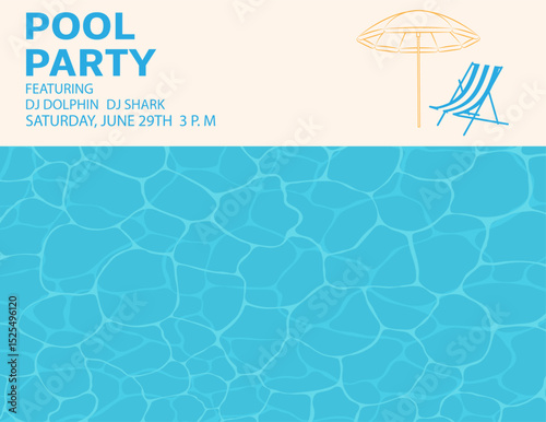 Beach party, pool party blue water with sun reflections, sea and ocean surface with beach umbrella and chaise lounge.