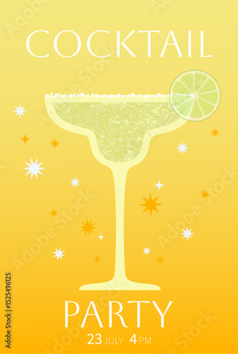 Margarita cocktail in a glass with a slice of lime and salt. Alcoholic cocktail isolated on white background, vector illustration, design element for menu, bar.