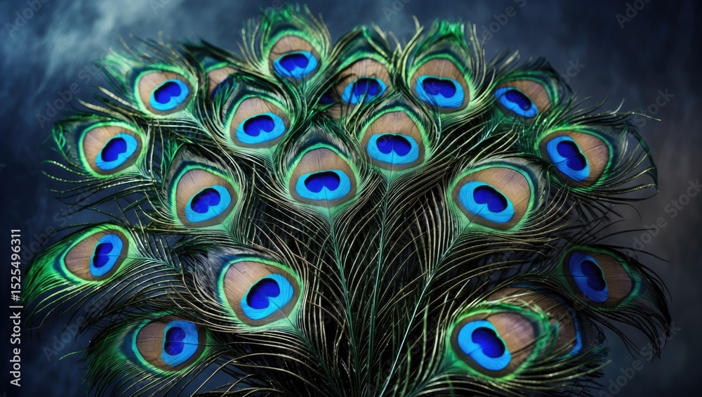 Obraz premium Peacock feathers with vibrant blue, green, and gold eye patterns. Bright, colorful plumage. Natural beauty and elegance. The majestic display of peacock feathers.
