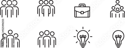 Team, Briefcase, and Idea Outline Icon Set – Business, Collaboration, and Innovation Line Icons