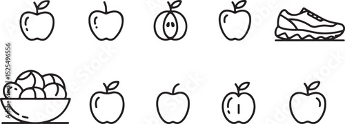 Apple, Salad, and Running Shoe Icon Set – Outline Style Health, Nutrition, and Fitness Symbols for UI, Apps, and Wellness