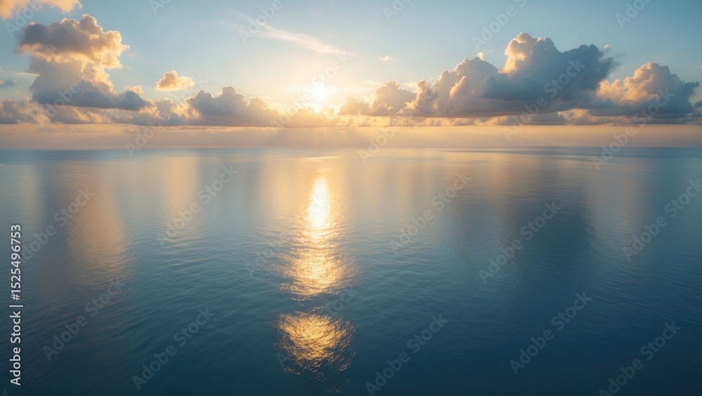 Naklejka premium Calm ocean during sunset with the sun reflected on the water surface and scattered clouds in the sky.