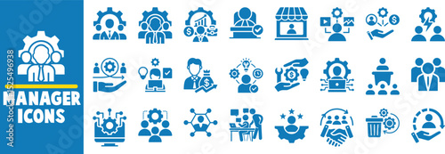 Management icons set team leadership business strategy