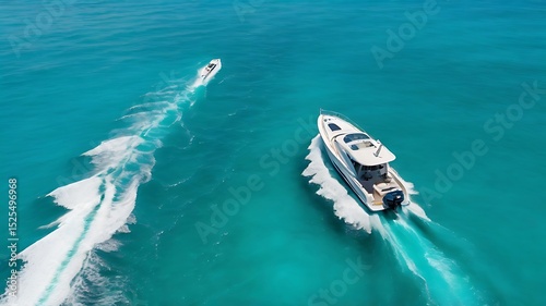 Aerial perspective of a premium motorboat speeding on crystal-clear blue water