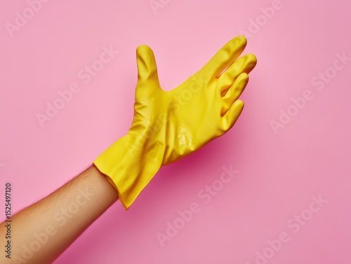 Hands wearing yellow plastic gloves, likely for cleaning or a manicure. The background is pink.