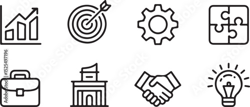 Business Strategy Outline Icon Set – Planning, Growth, and Corporate Development Line Icons
