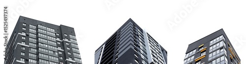 Set of tall modern condo buildings with minimal facade and multiple windows. Contemporary urban