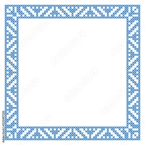 Decorative square cross-stitch embroidery frame in blue with blank center for text