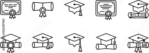 Diploma, Certificate, and Graduation Hat Icon Set – Outline Style Education and Achievement Symbols for UI, Apps, and Print