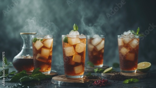 Four glasses of iced beverage with ice cubes and mint leaves, on a dark surface with lime slices and herbs, with steam rising. photo