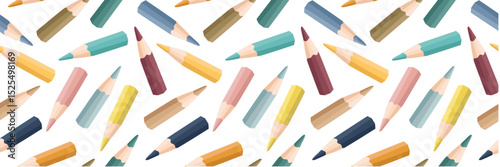 Seamless pattern with colored pencils on a white background. Vector illustration with a playful and creative design. For educational materials, projects, banners, and back to school theme.