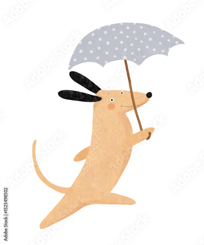 Cute Happy Dog Walking With A Gray Dotted Umbrella. Lovely Hand Drawn Vector Illustration Of Funny Puppy And Umbrella. Brown Puppy With Black Ears. 