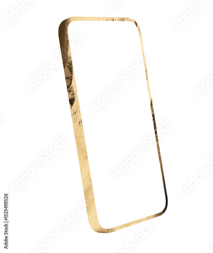 Smartphone with gold foil frame and blank screen in tilted perspective. Elegant digital device