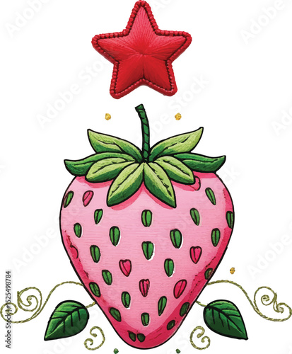 Sweet heart-shaped design with strawberries flowers and leaves in a fresh summer style.