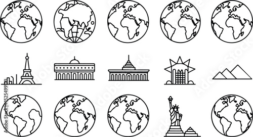 Globe and Landmark Icon Set – Outline Style Travel and Geography Symbols for UI, Apps, and Infographics