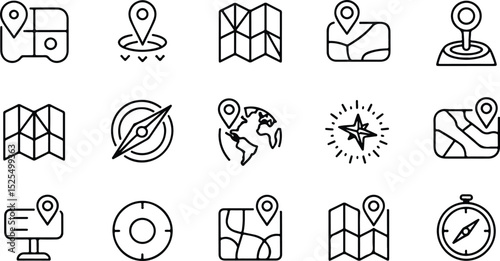 GPS, Map, and Compass Icon Set – Outline Style Navigation and Location Symbols for UI, Apps, and Travel
