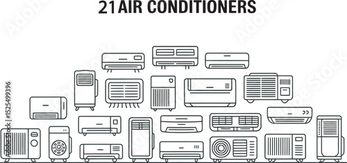 Collection of twenty-one air conditioners in various minimalist vector line art designs