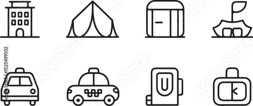 Hotel, Tent, and Taxi Icon Set – Outline Style Travel and Accommodation Symbols for UI, Apps, and Infographics