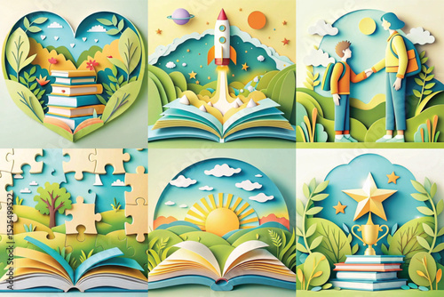 Colorful paper cut illustrations depicting education and growth themes  