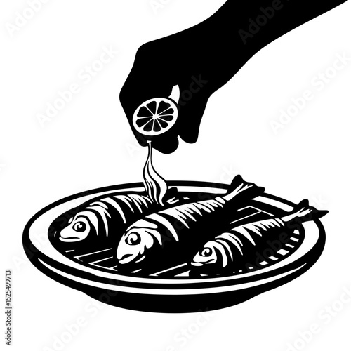 Silhouette of hand squeezing lemon over grilled fish on plate, culinary art