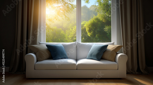 Modern white sofa with blue and beige pillows near a window with sunlight and green trees.